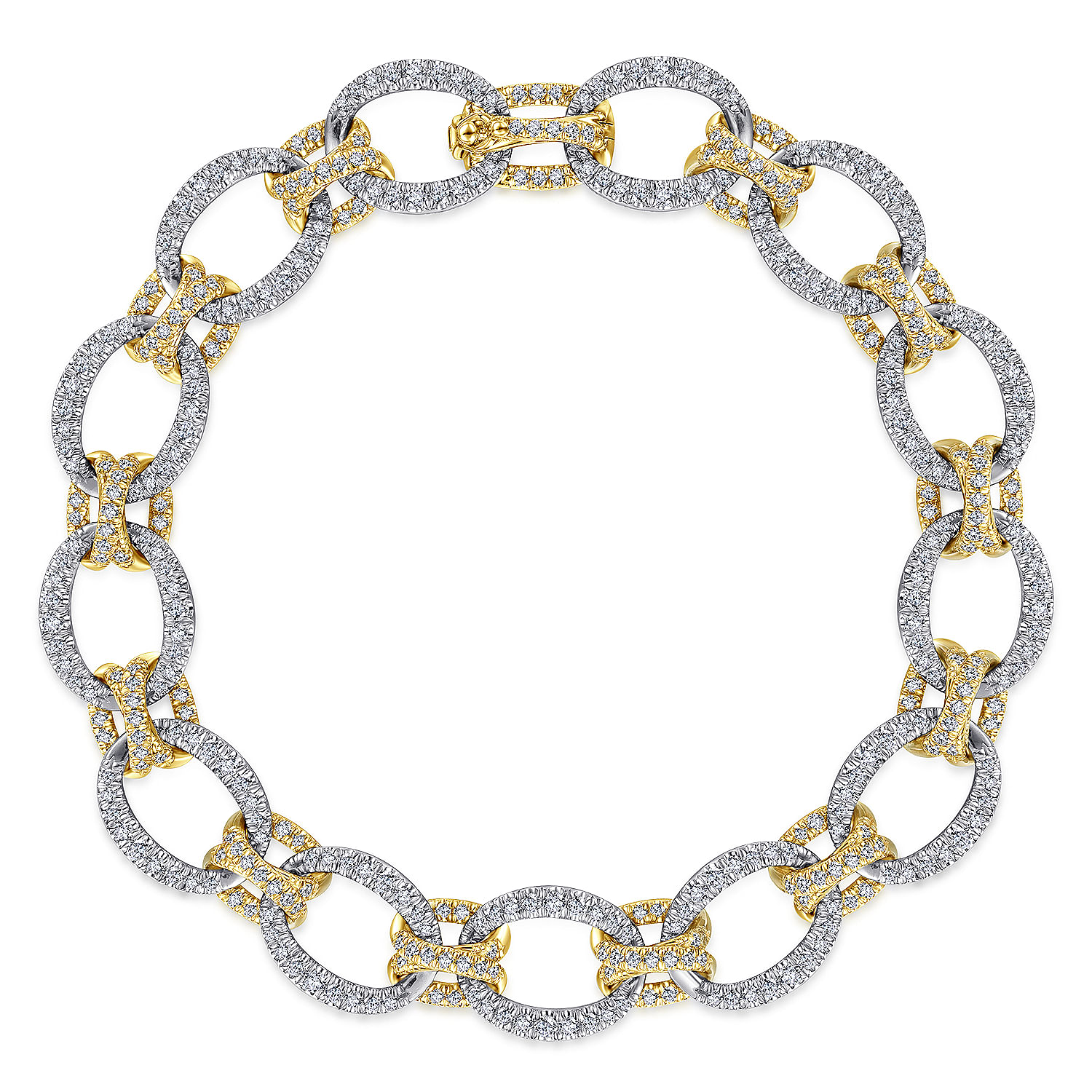 14K Yellow and White Gold Bracelet with Alternating Links and Pavé Diamonds