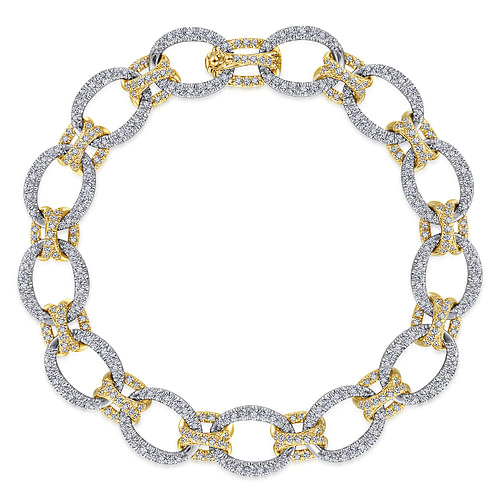 14K Yellow and White Gold Bracelet with Alternating Links and Pavé Diamonds