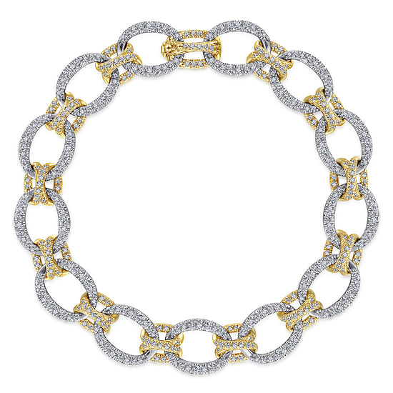 Gabriel - 14K Yellow and White Gold Bracelet with Alternating Links and Pavé Diamonds