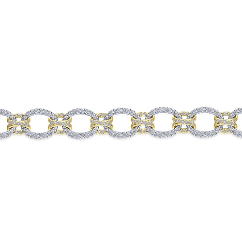 14K Yellow and White Gold Bracelet with Alternating Links and Pavé Diamonds