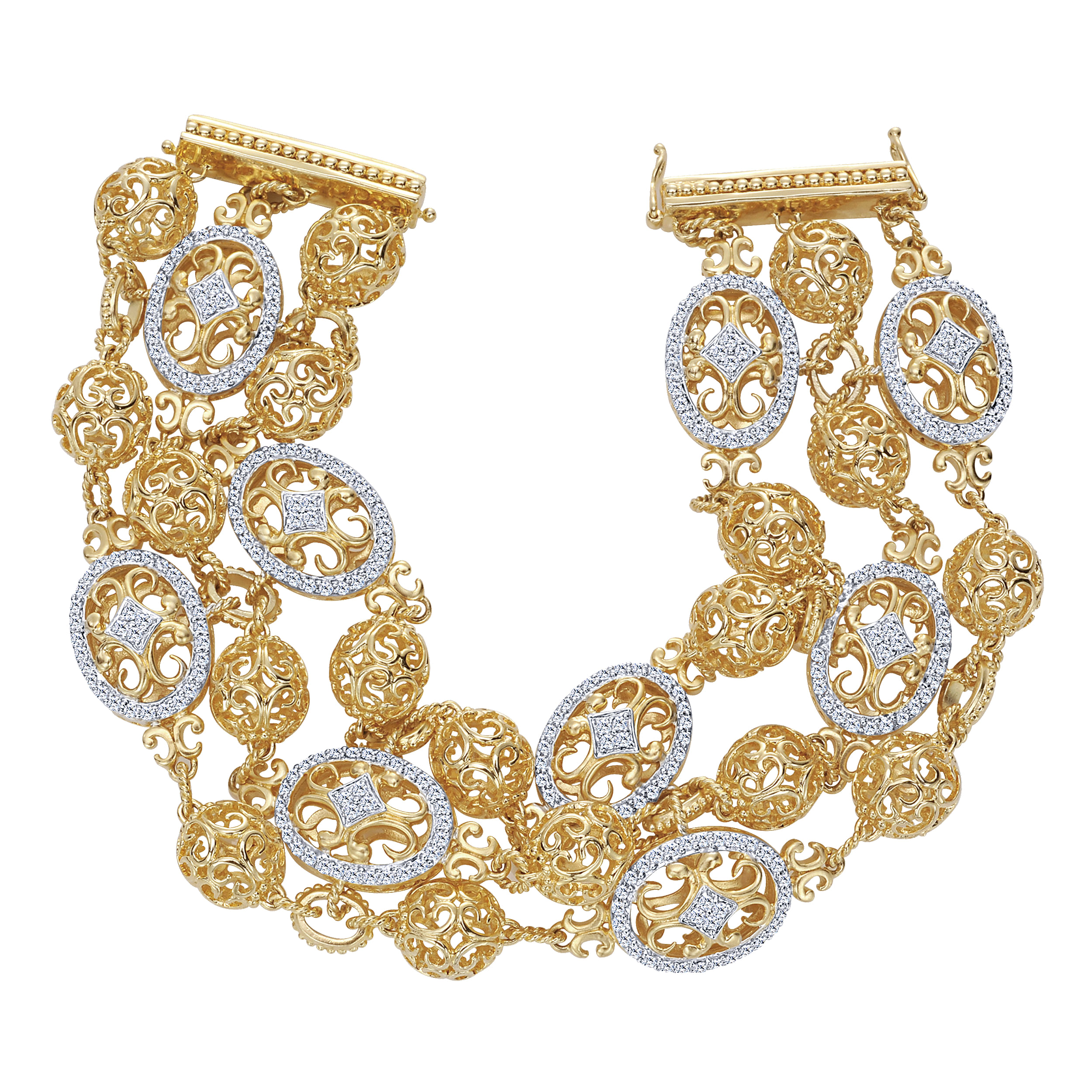 14K Yellow and White Gold Bracelet with Gold Spheres and Diamonds 