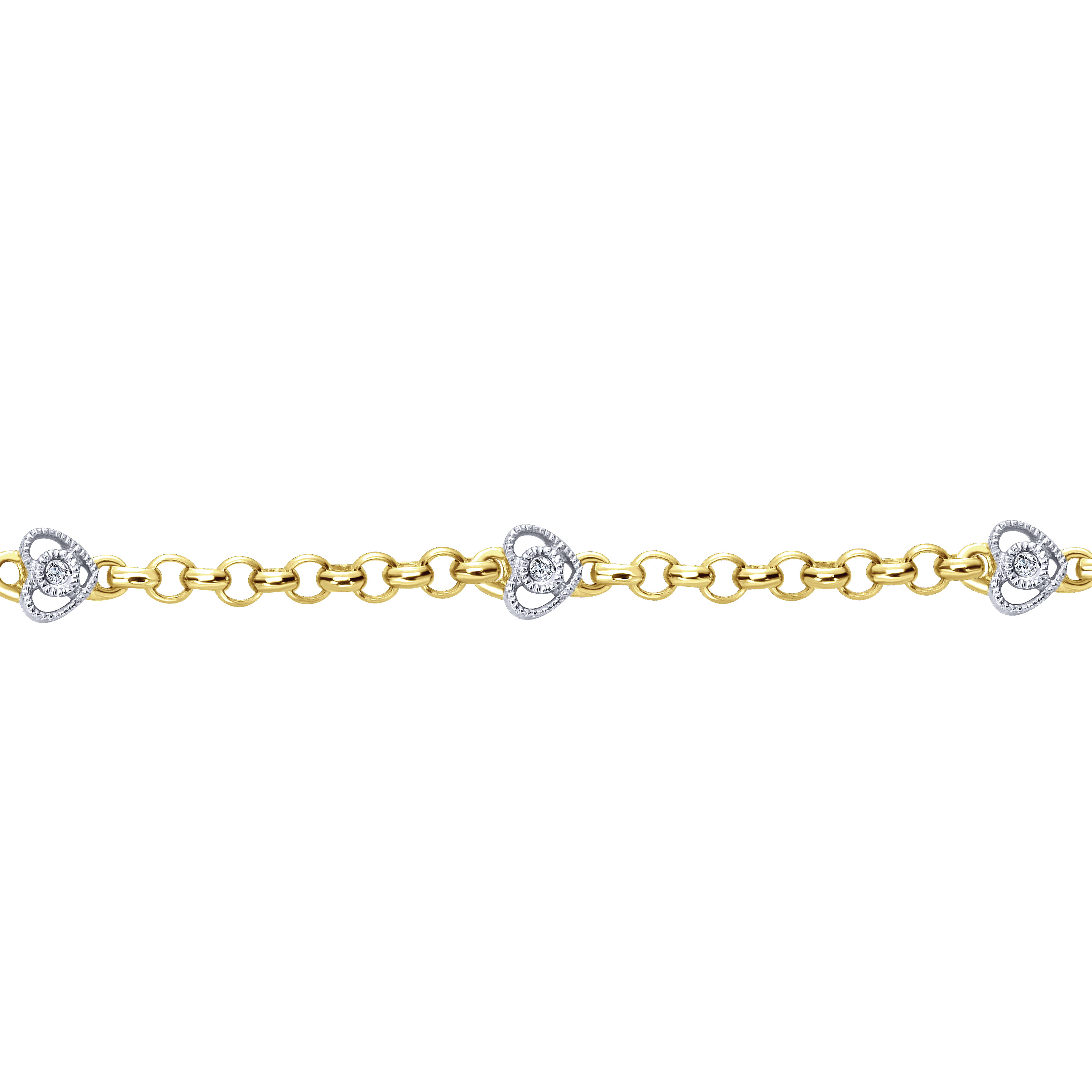 14K Yellow and White Gold Bracelet with Heart-Shaped Diamond Accents