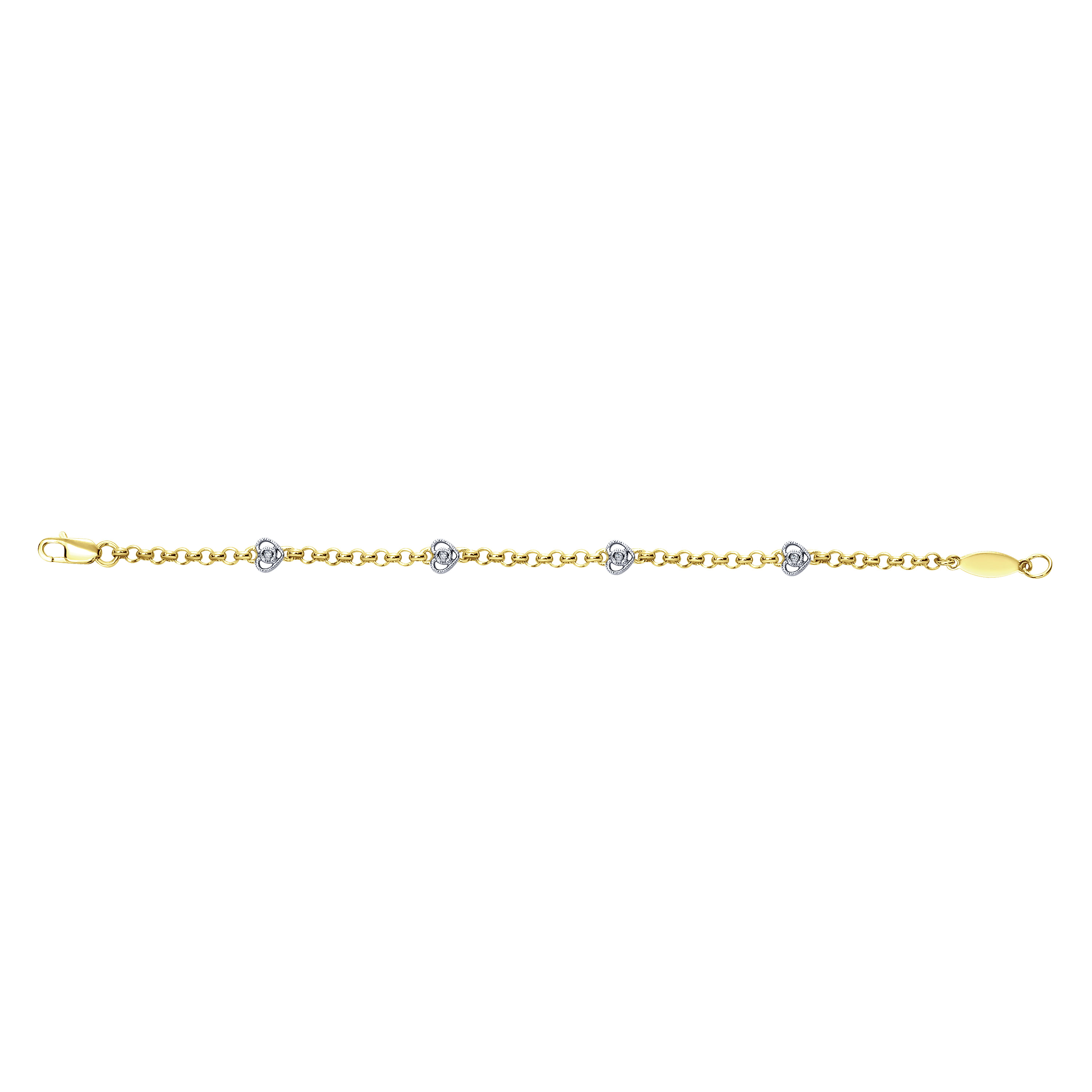 14K Yellow and White Gold Bracelet with Heart-Shaped Diamond Accents