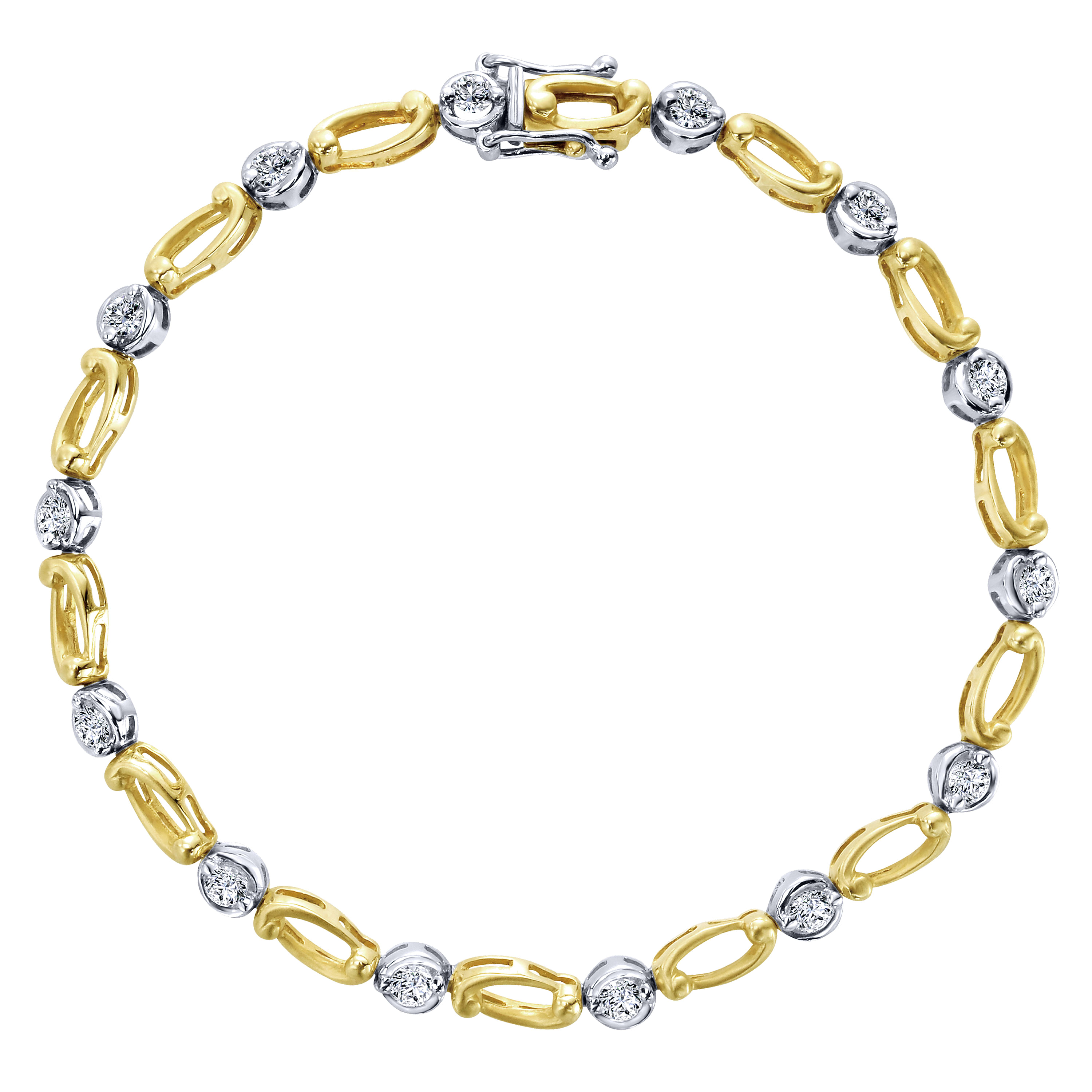14K Yellow and White Gold Bracelet with Round Diamonds and Gold Ovals