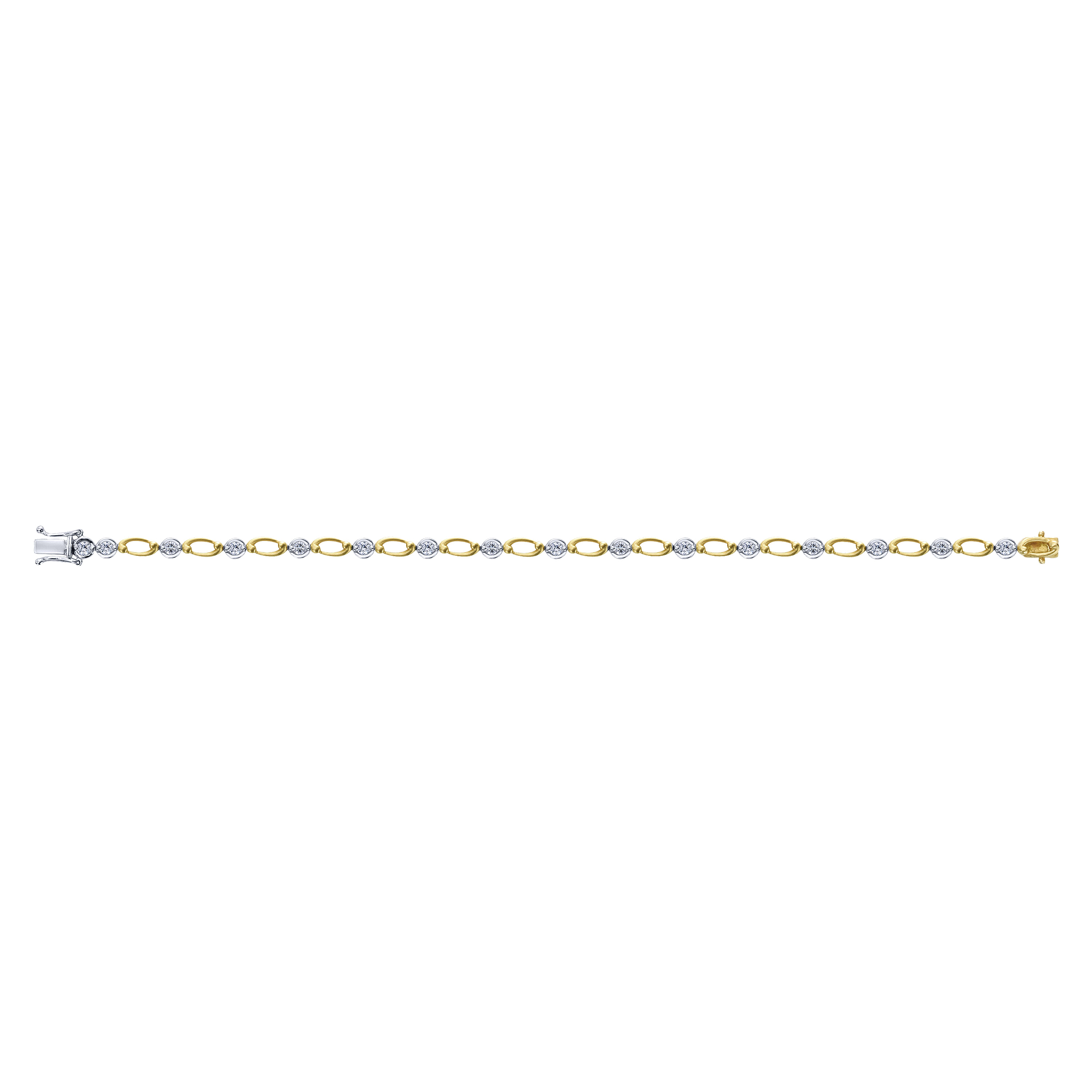 14K Yellow and White Gold Bracelet with Round Diamonds and Gold Ovals
