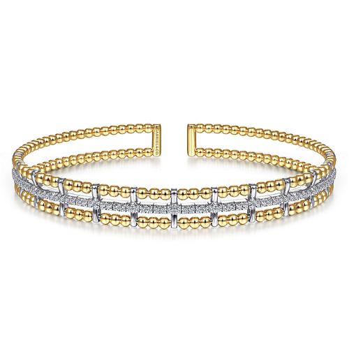 14K Yellow and White Gold Bujukan Bead Cuff Bracelet with Inner Diamond Channel