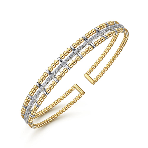 14K Yellow and White Gold Bujukan Bead Cuff Bracelet with Inner Diamond Channel