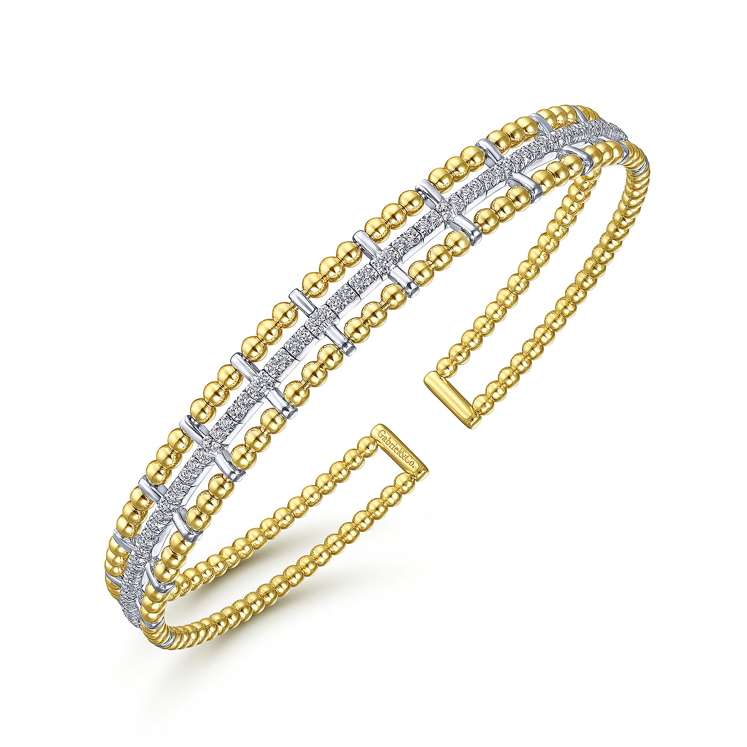 14K Yellow and White Gold Bujukan Bead Cuff Bracelet with Inner Diamond Channel