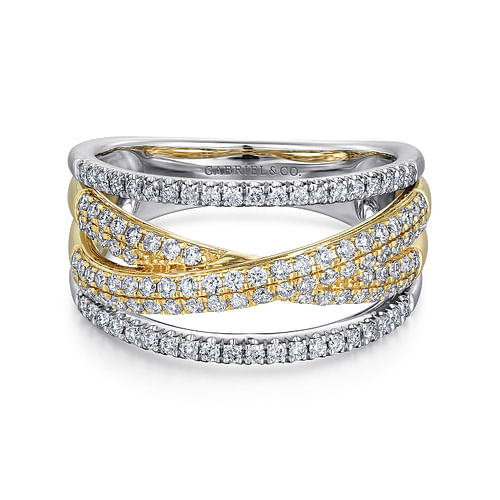 14K Yellow and White Gold Criss Crossing Multi Row Diamond Ring