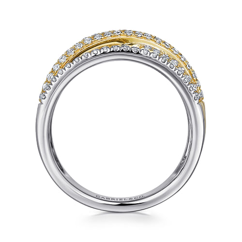 14K Yellow and White Gold Criss Crossing Multi Row Diamond Ring