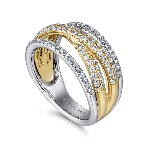 14K Yellow and White Gold Criss Crossing Multi Row Diamond Ring