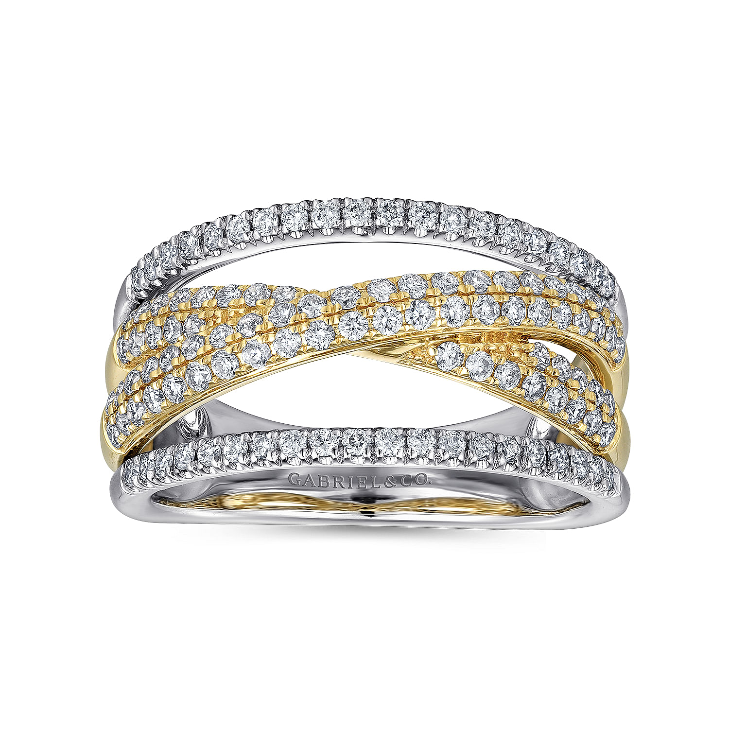 14K Yellow and White Gold Criss Crossing Multi Row Diamond Ring