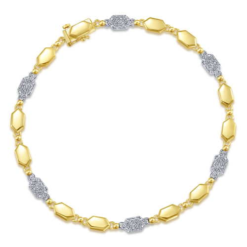 14K Yellow and White Gold Hexagon and Pavé Diamond Tennis Bracelet