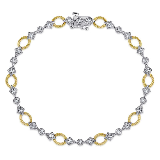 Gabriel - 14K Yellow and White Gold Link and Bow Diamond Tennis Bracelet