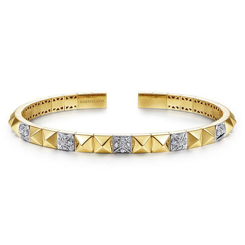 14K Yellow and White Gold Pyramid Bangle with Pavé Diamond Stations