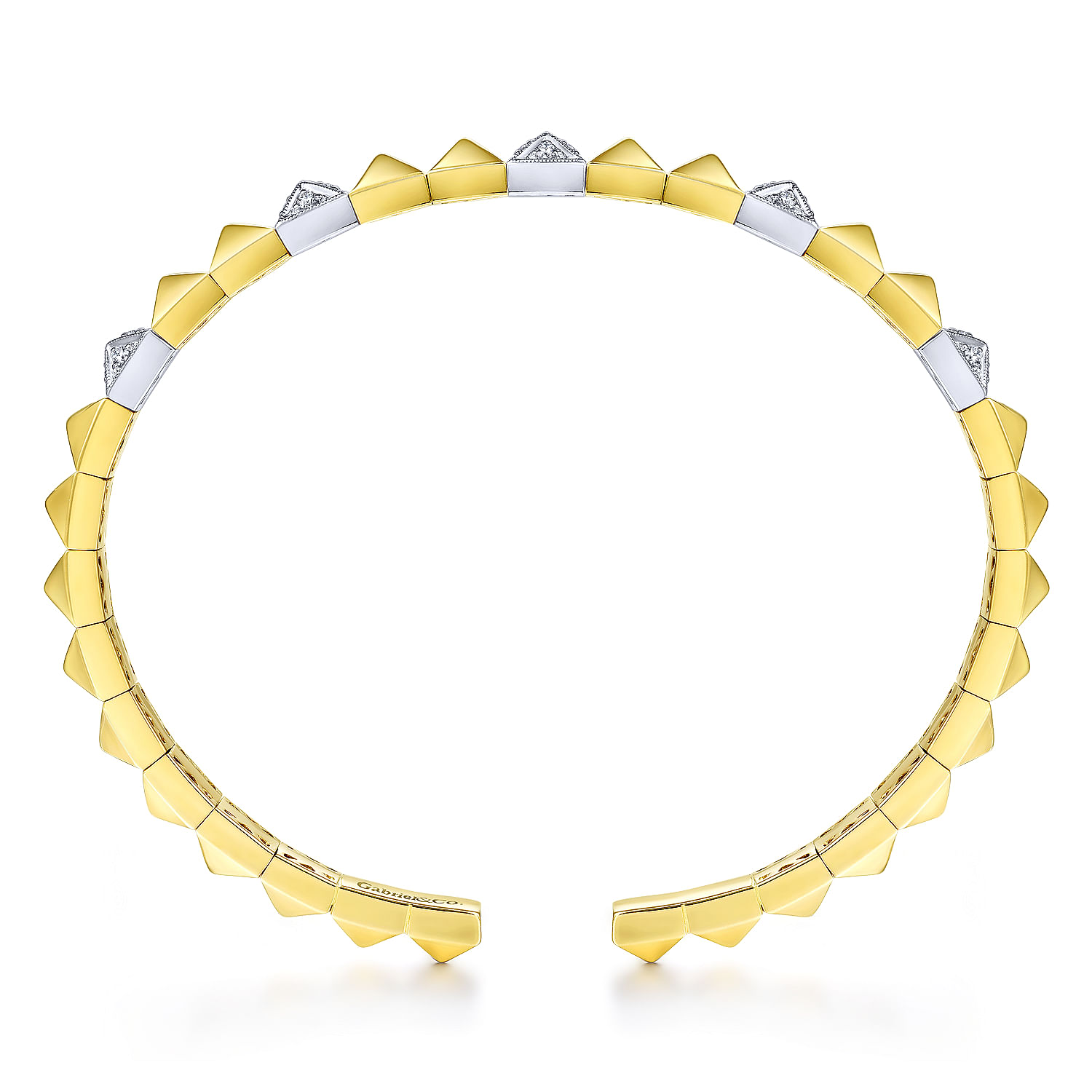 14K Yellow and White Gold Pyramid Bangle with Pavé Diamond Stations