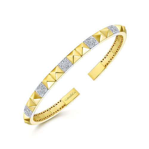 14K Yellow and White Gold Pyramid Bangle with Pavé Diamond Stations