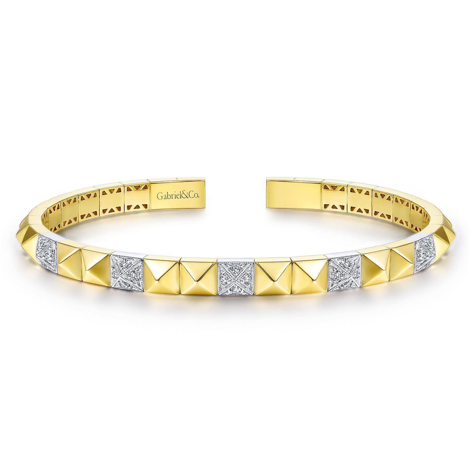14K Yellow and White Gold Pyramid Bangle with Pavé Diamond Stations