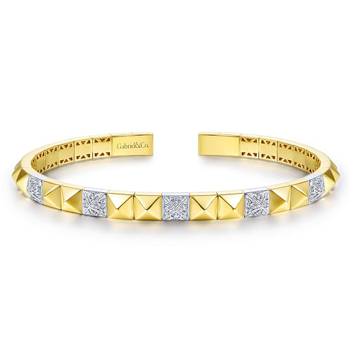 14K Yellow and White Gold Pyramid Bangle with Pavé Diamond Stations