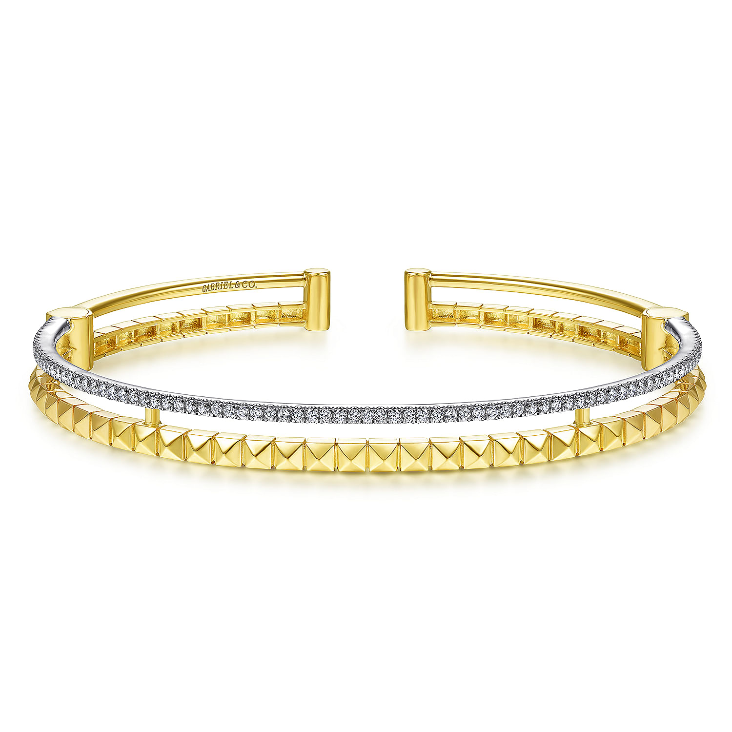 14K Yellow and White Gold Split Cuff with Pyramids and Diamonds