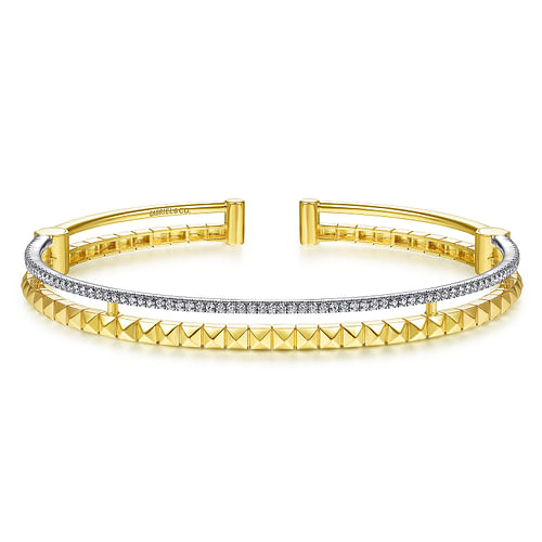 14K Yellow and White Gold Split Cuff with Pyramids and Diamonds