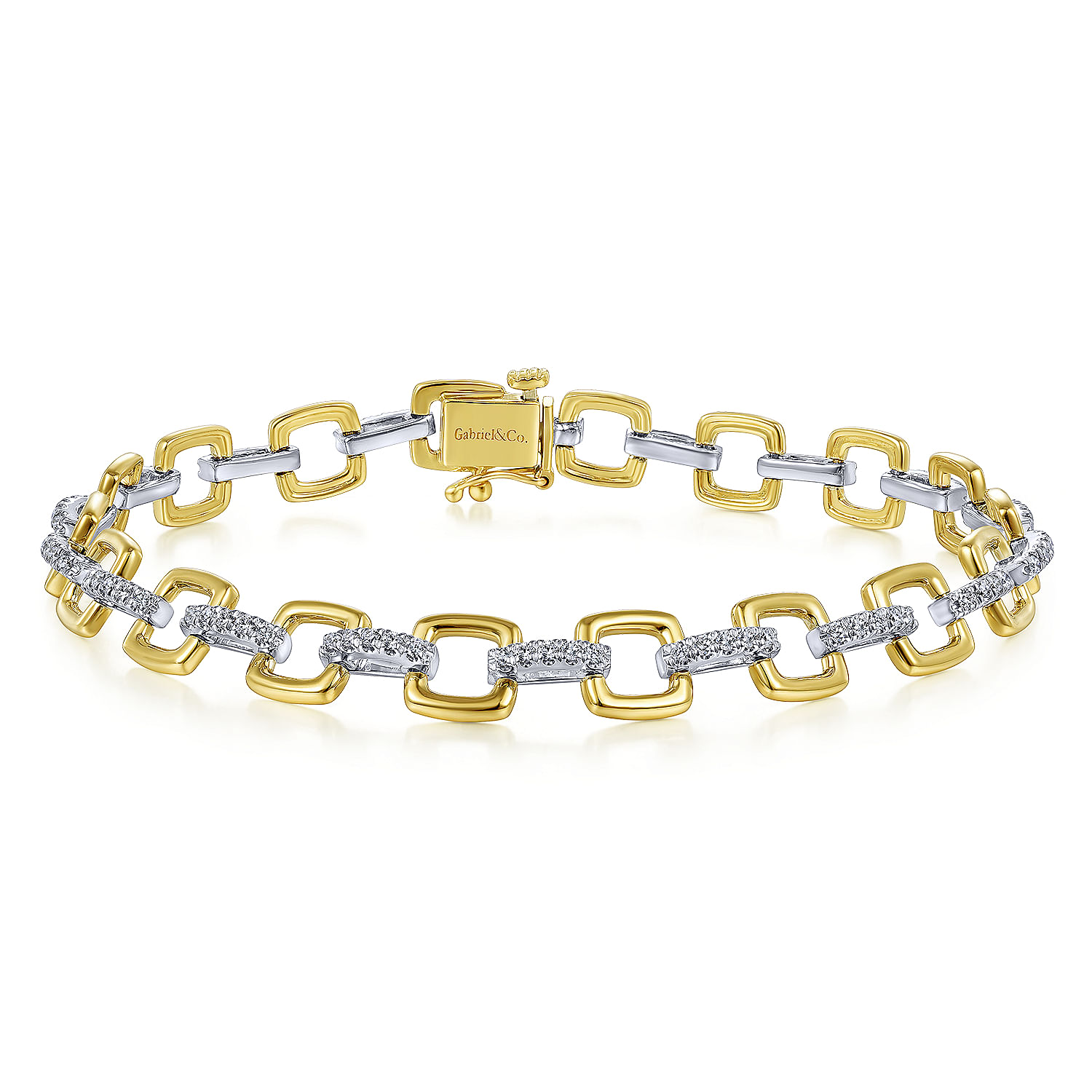 14K Yellow and White Gold Square Link Tennis Bracelet with Diamond Link Connectors