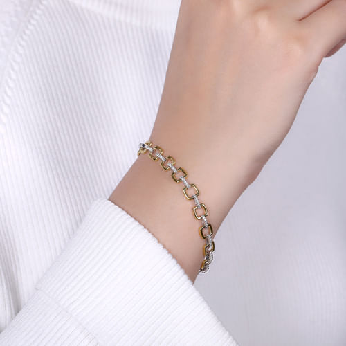 14K Yellow and White Gold Square Link Tennis Bracelet with Diamond Link Connectors