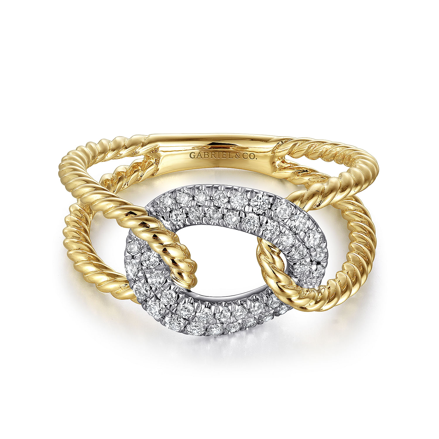 Gabriel - 14K Yellow and White Gold Twisted Rope Link Ring with Diamond Pavé Station