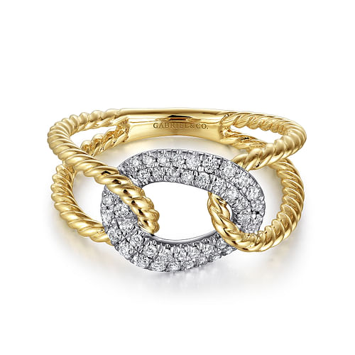 14K Yellow and White Gold Twisted Rope Link Ring with Diamond Pavé Station