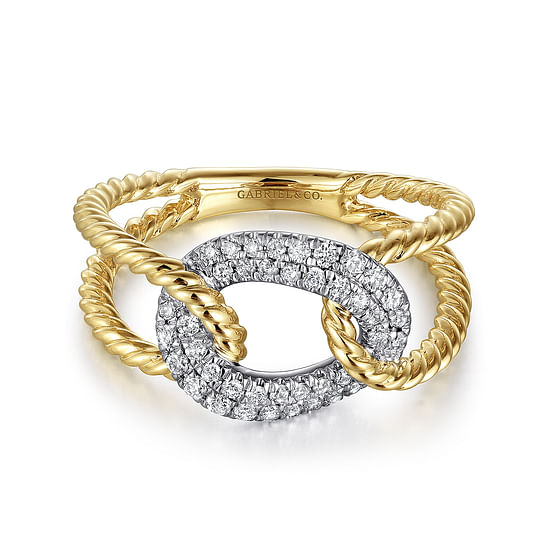 Gabriel - 14K Yellow and White Gold Twisted Rope Link Ring with Diamond Pavé Station