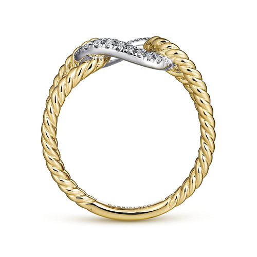 14K Yellow and White Gold Twisted Rope Link Ring with Diamond Pavé Station