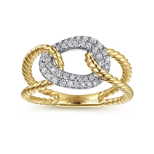 14K Yellow and White Gold Twisted Rope Link Ring with Diamond Pavé Station