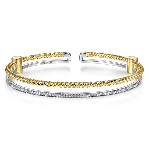 14K Yellow and White Gold Twisted Rope and Diamond Cuff Bracelet