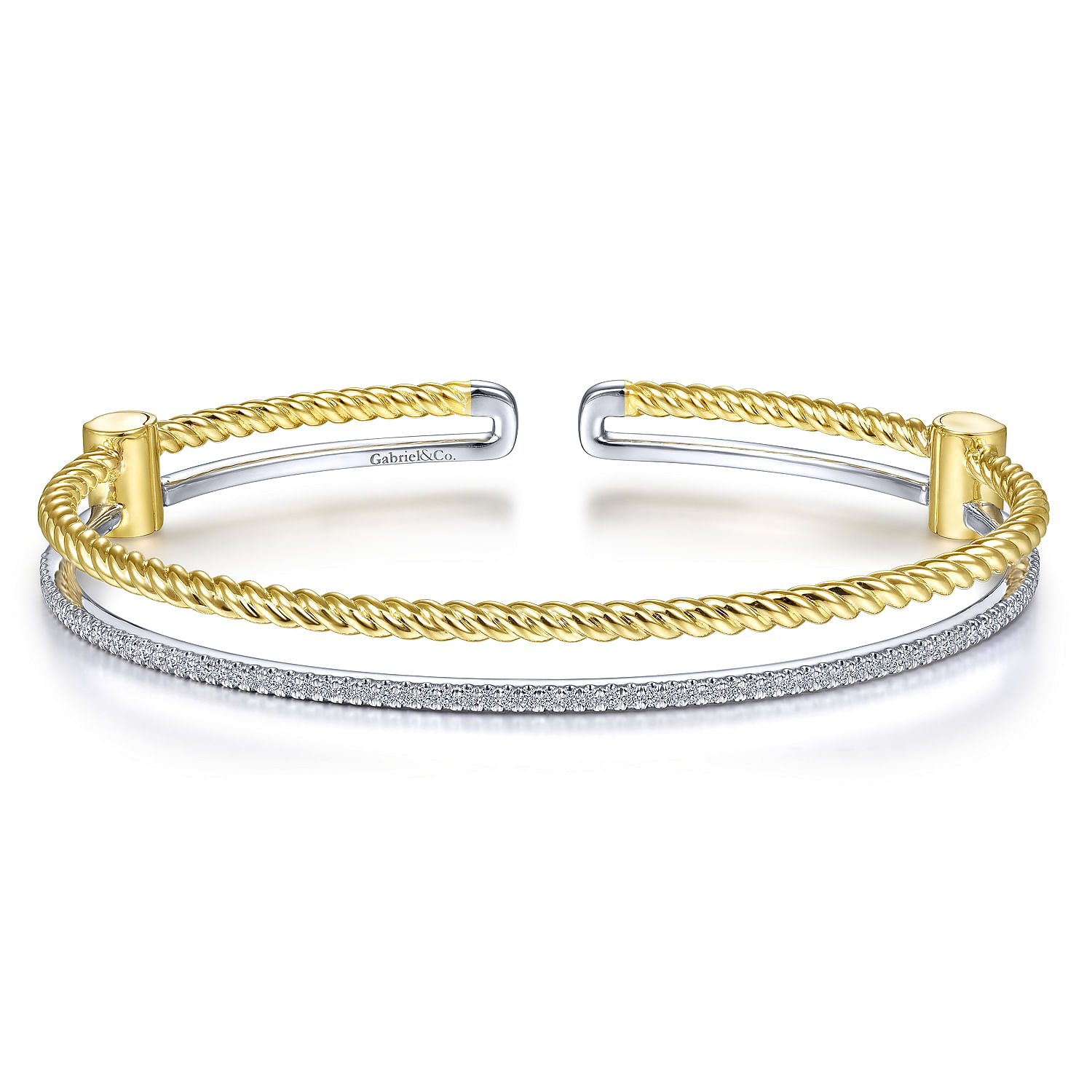 14K Yellow and White Gold Twisted Rope and Diamond Cuff Bracelet
