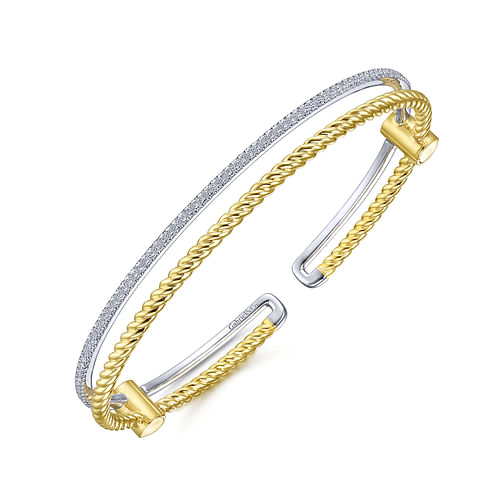 14K Yellow and White Gold Twisted Rope and Diamond Cuff Bracelet