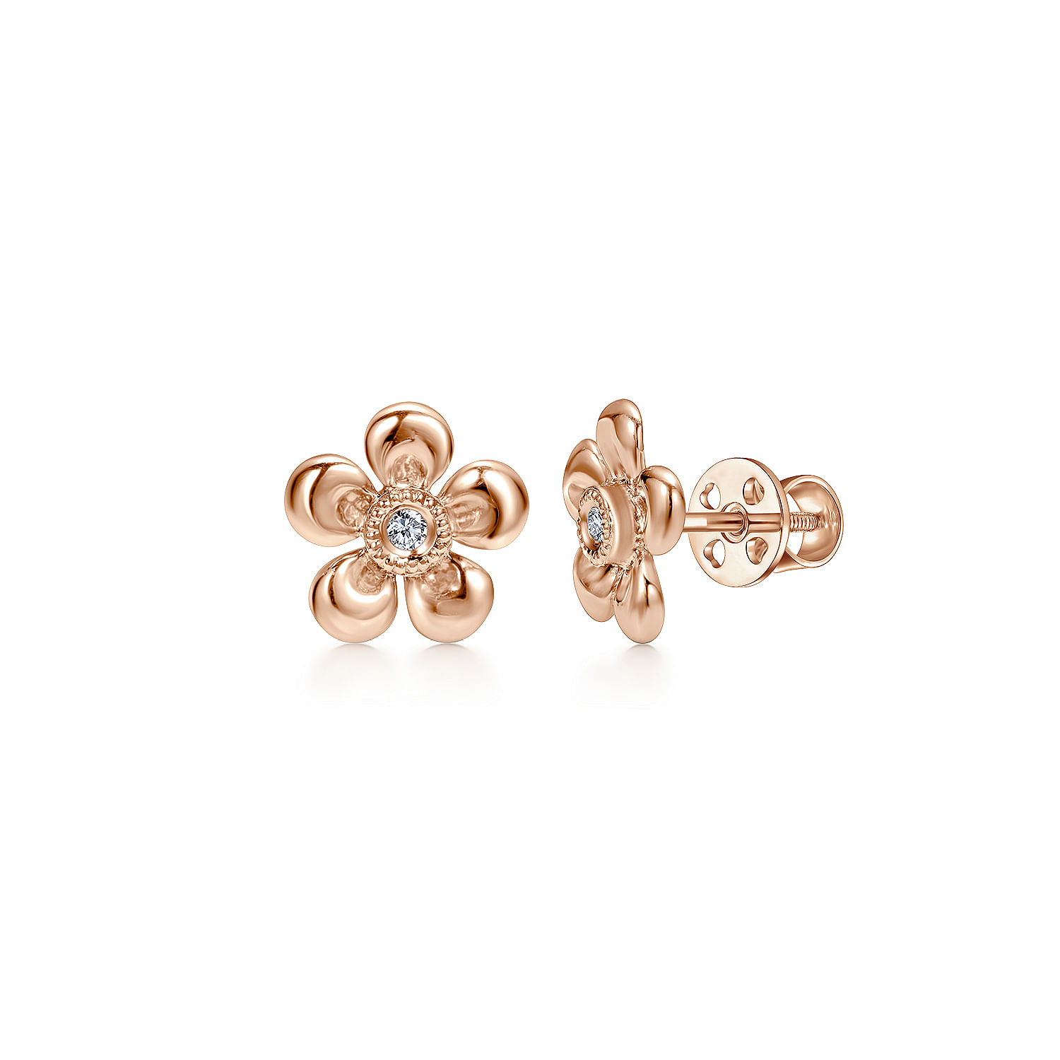 Gabriel - 14k Rose Gold Floral Round Diamond Stud Earrings