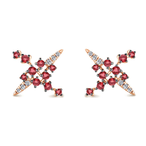 14k Rose Gold Modern Scattered Ruby and Diamond Stud Earrings