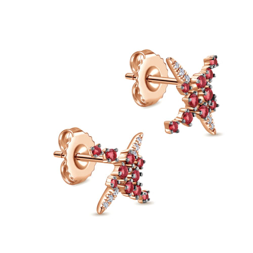 14k Rose Gold Modern Scattered Ruby and Diamond Stud Earrings
