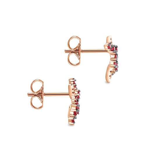 14k Rose Gold Modern Scattered Ruby and Diamond Stud Earrings