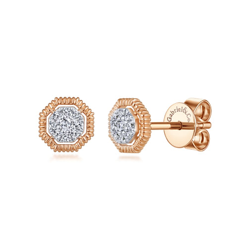 14k Rose Gold Octagonal Pavé Diamond Stud Earrings