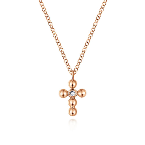 14k Rose Gold Orb Diamond Cross Necklace