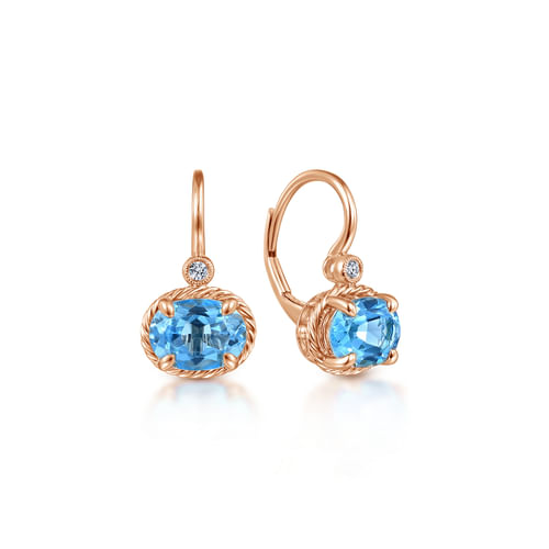 14k Rose Gold Oval Swiss Blue Topaz and Diamond Leverback Earrings