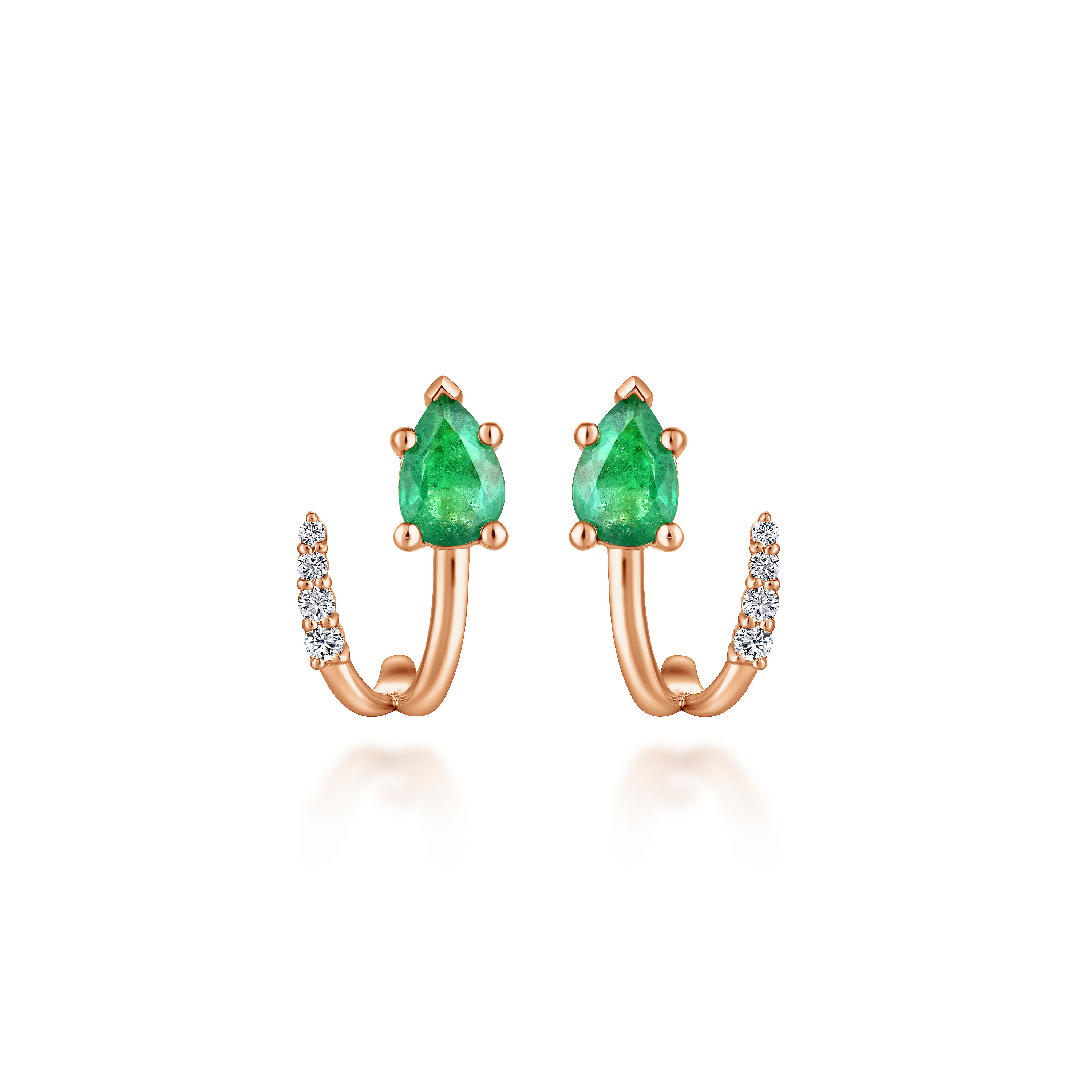 14k Rose Gold Pear Cut Emerald & Diamond J Curve Stud Earrings