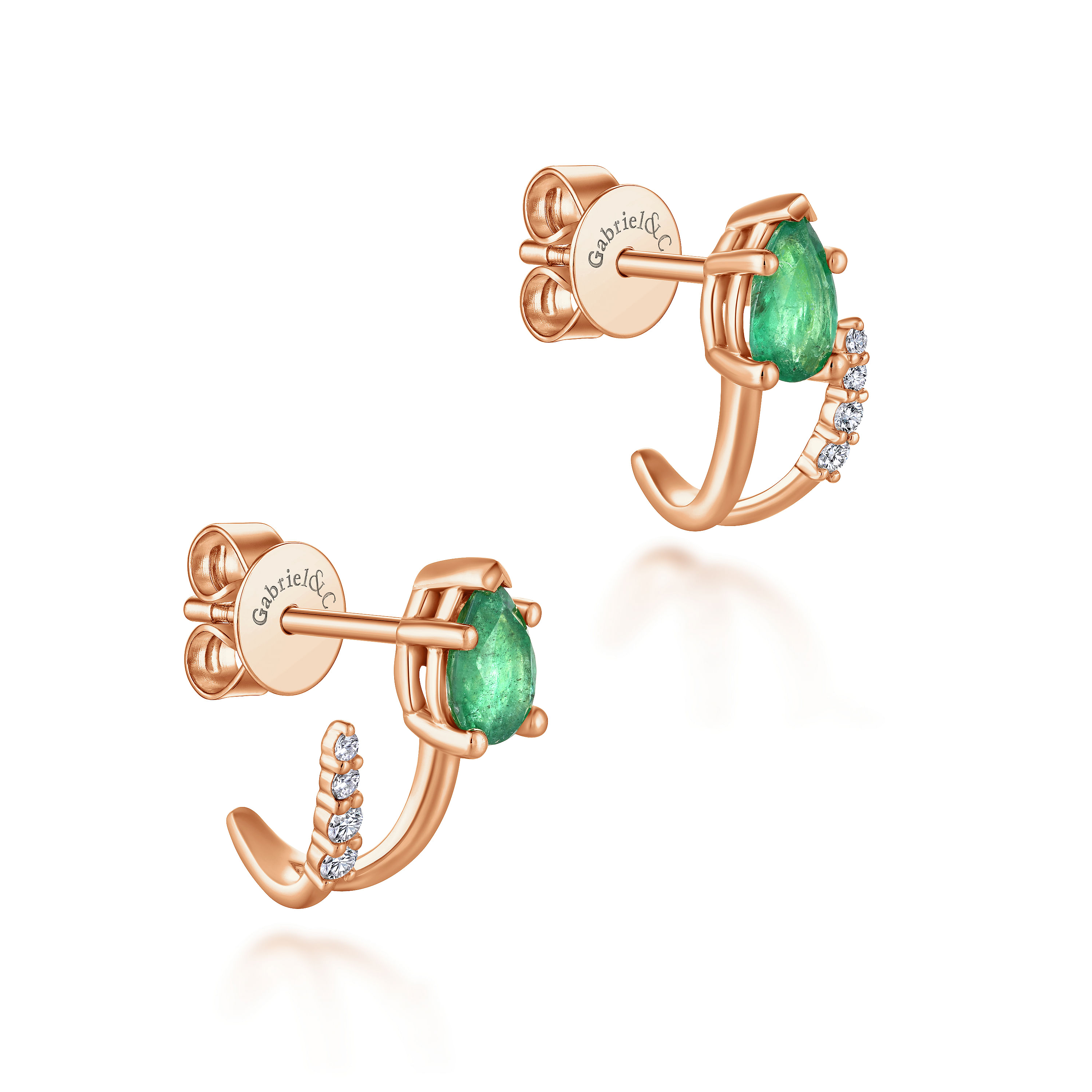 14k Rose Gold Pear Cut Emerald & Diamond J Curve Stud Earrings
