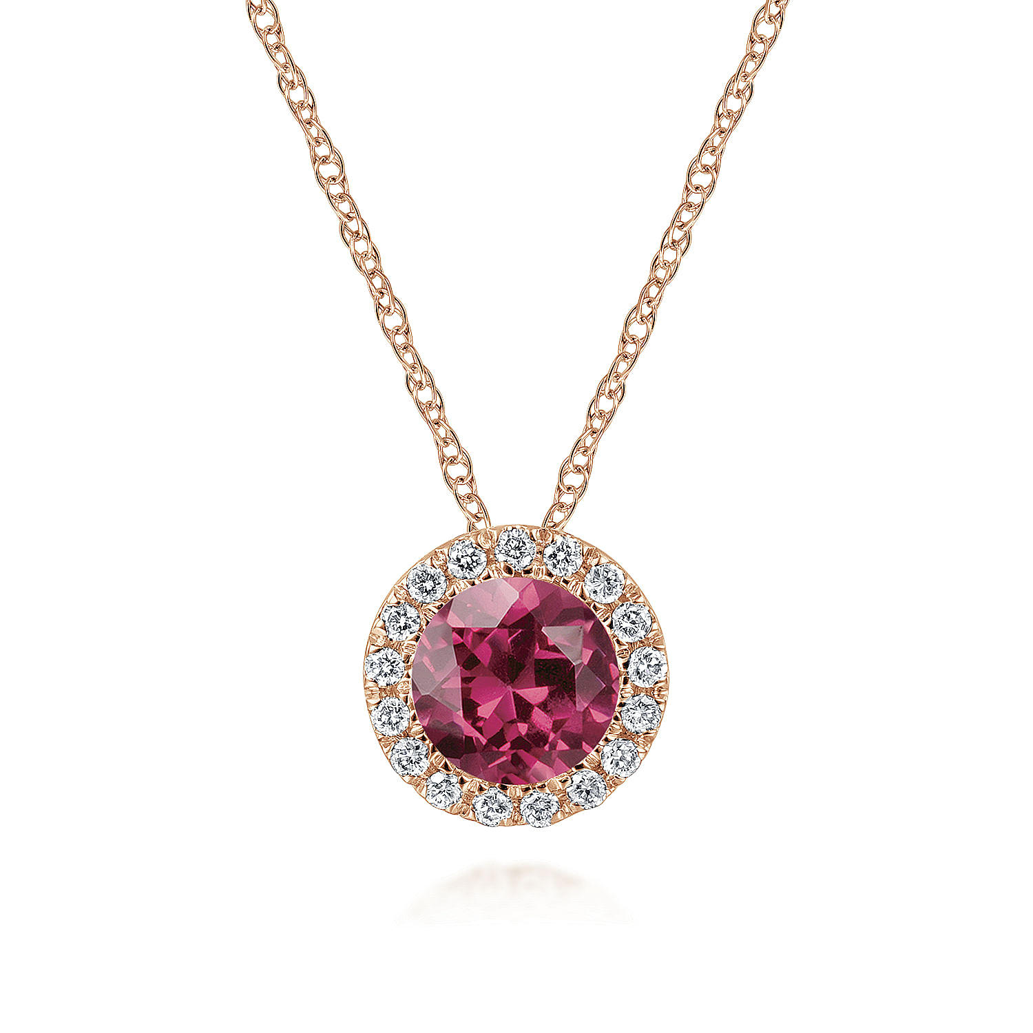 Gabriel - 14k Rose Gold Round Cut Diamond Halo & Pink Tourmaline Pendant Necklace
