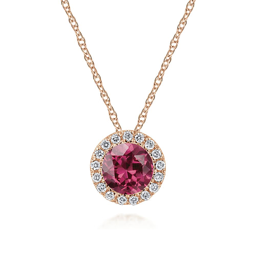 14k Rose Gold Round Cut Diamond Halo & Pink Tourmaline Pendant Necklace
