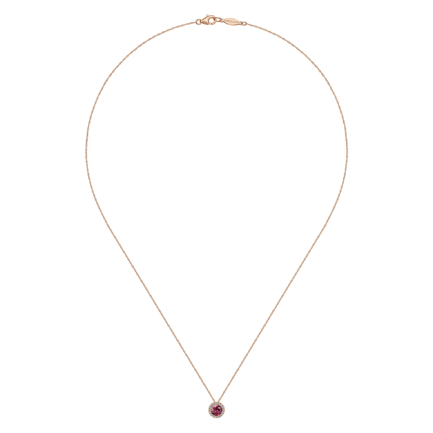 14k Rose Gold Round Cut Diamond Halo & Pink Tourmaline Pendant Necklace
