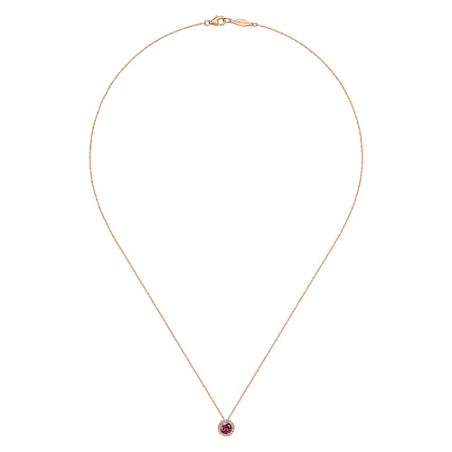 14k Rose Gold Round Cut Diamond Halo & Pink Tourmaline Pendant Necklace
