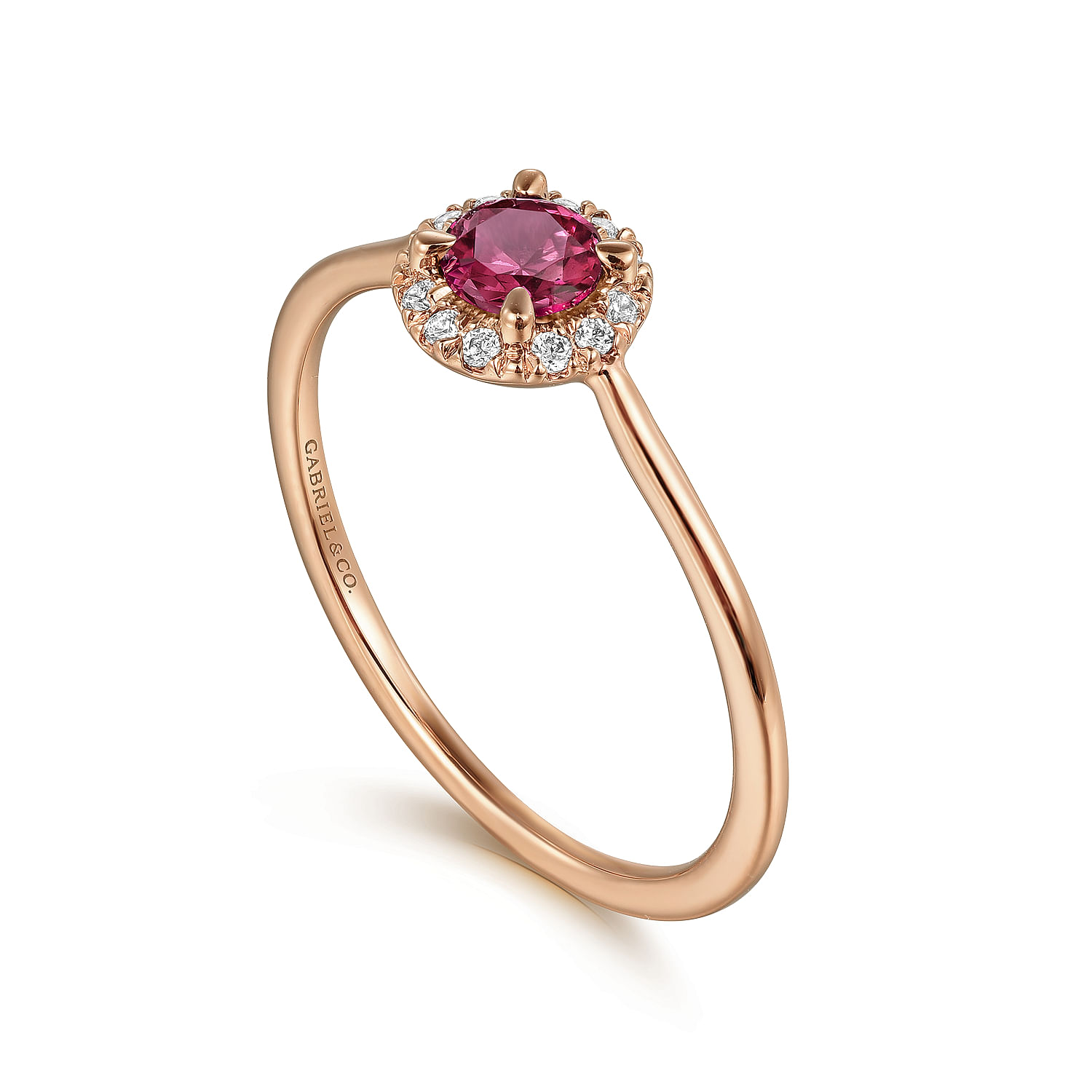 14k Rose Gold Round Cut Diamond Halo & Pink Tourmaline Promise Ring