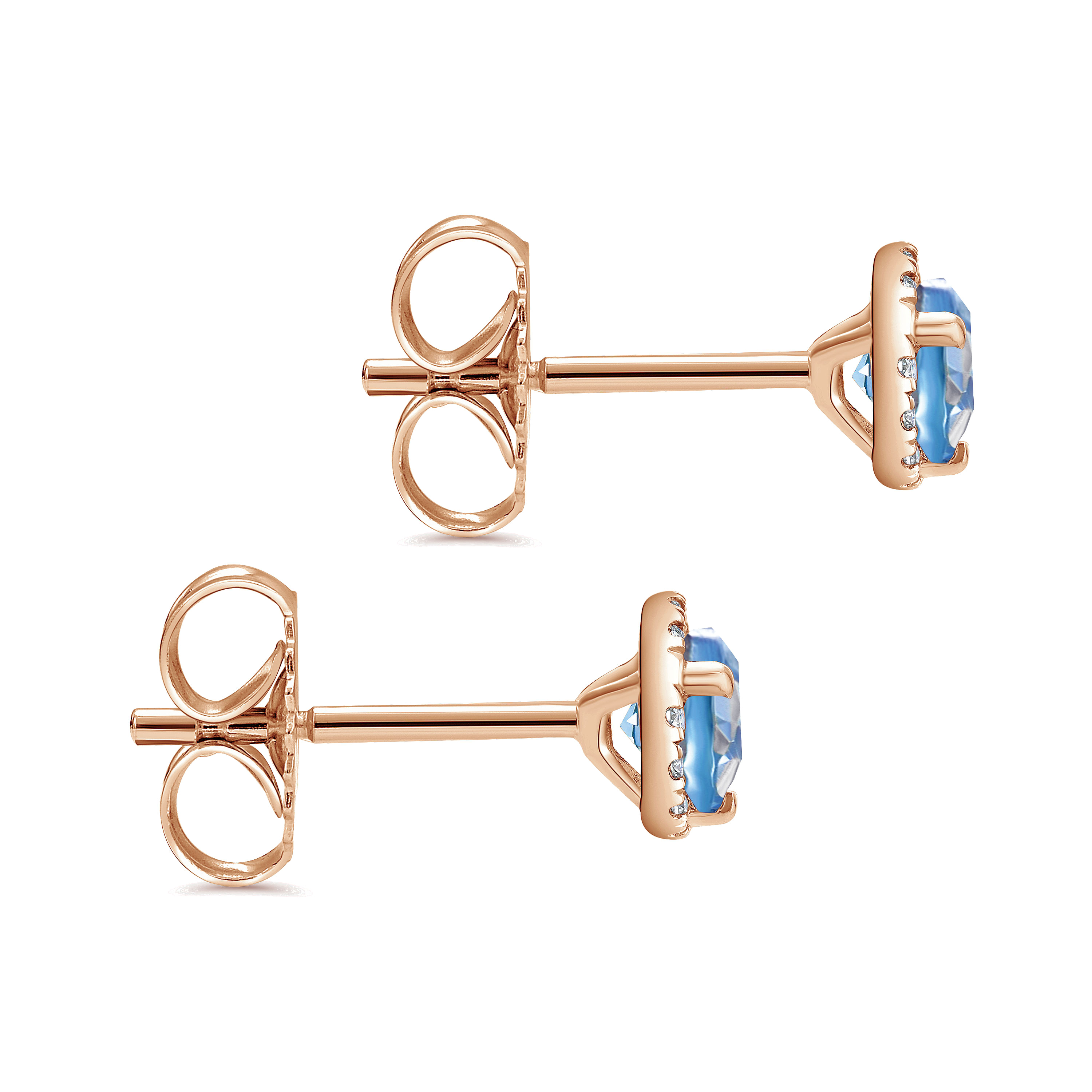 14k Rose Gold Round Cut Diamond Halo & Swiss Blue Topaz Stud Earrings